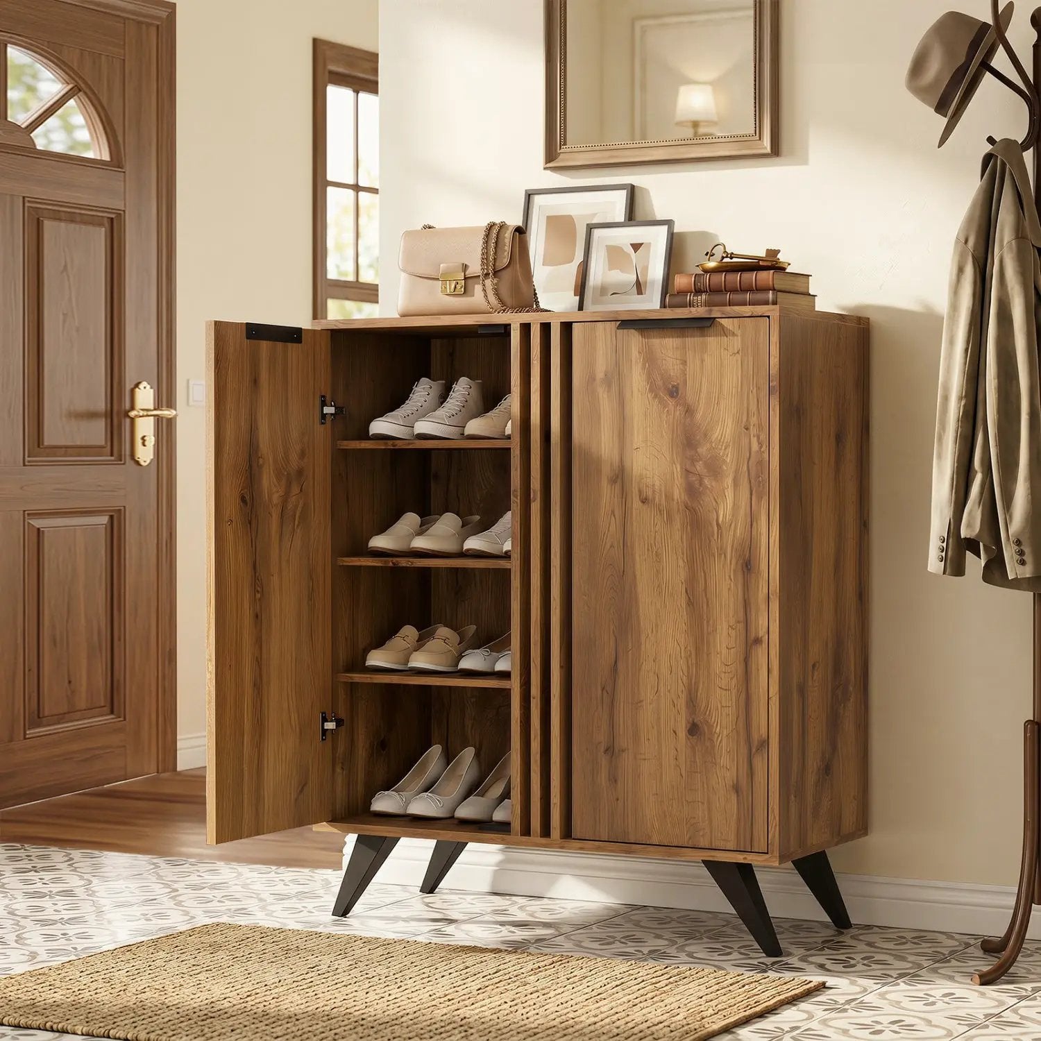 4-Tier Shoe Cabinet with 2 Doors - Natural Wood Finish by DirectDeals