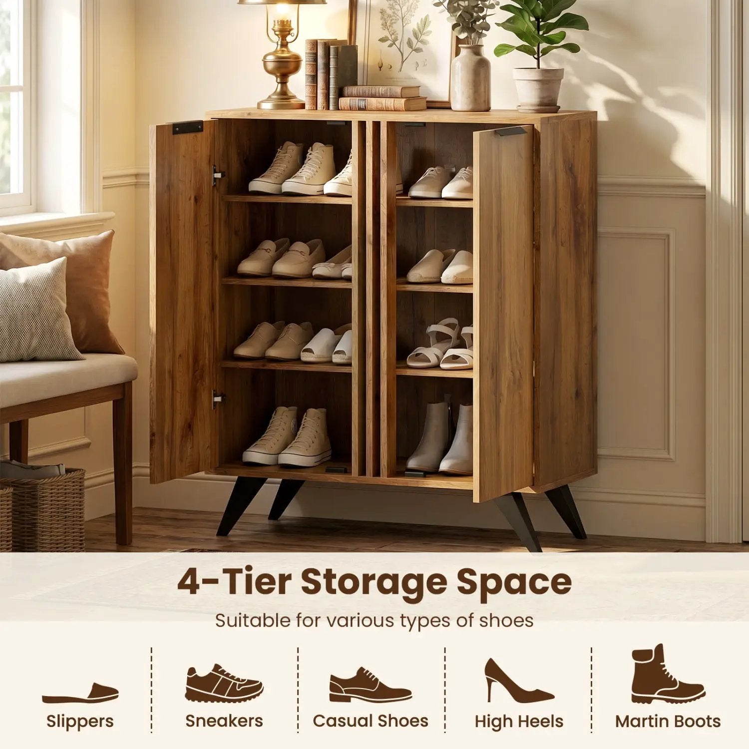 4-Tier Shoe Cabinet with 2 Doors - Natural Wood Finish by DirectDeals
