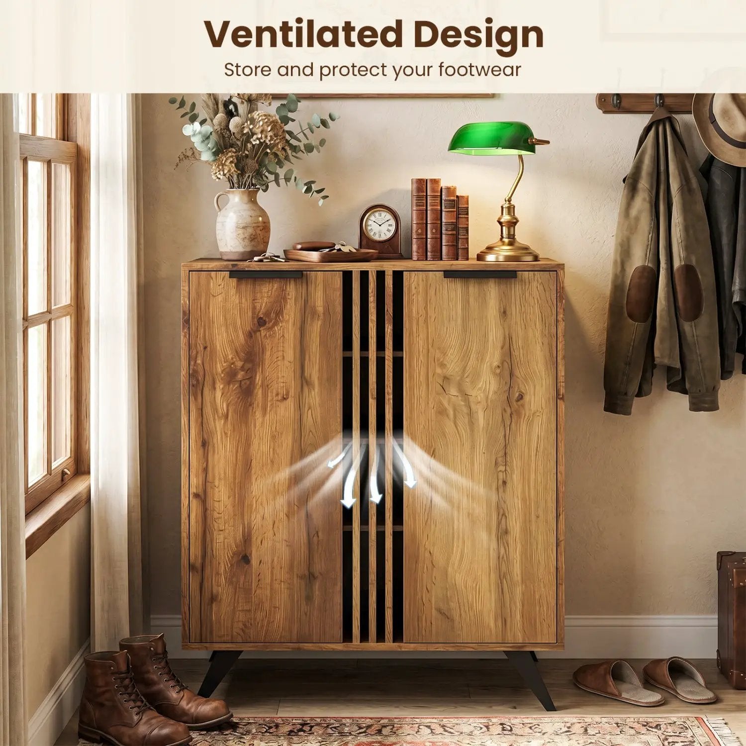 4-Tier Shoe Cabinet with 2 Doors - Natural Wood Finish by DirectDeals