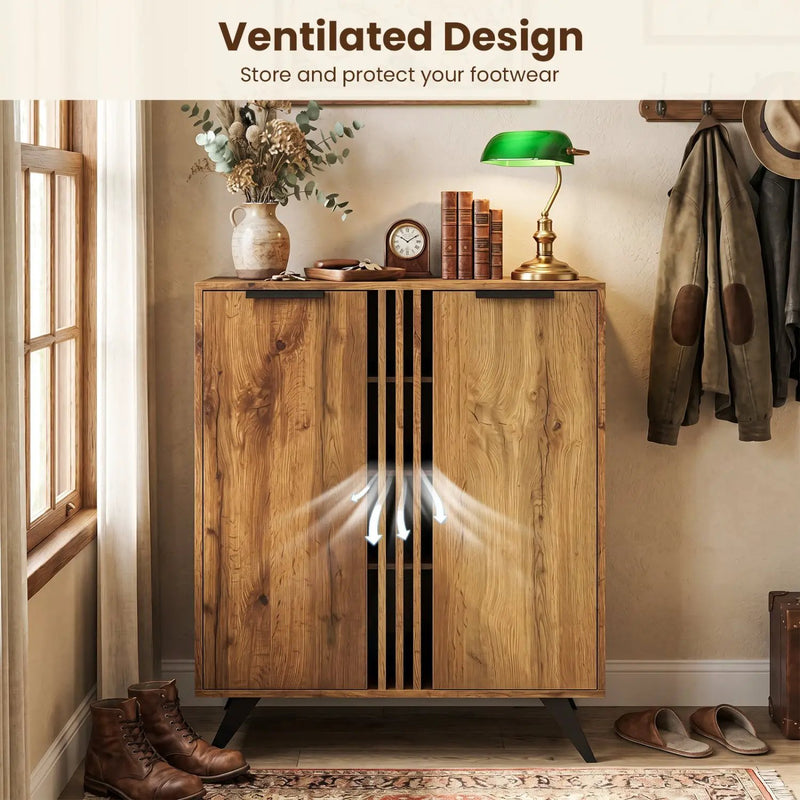 4-Tier Shoe Cabinet with 2 Doors - Natural Wood Finish by DirectDeals