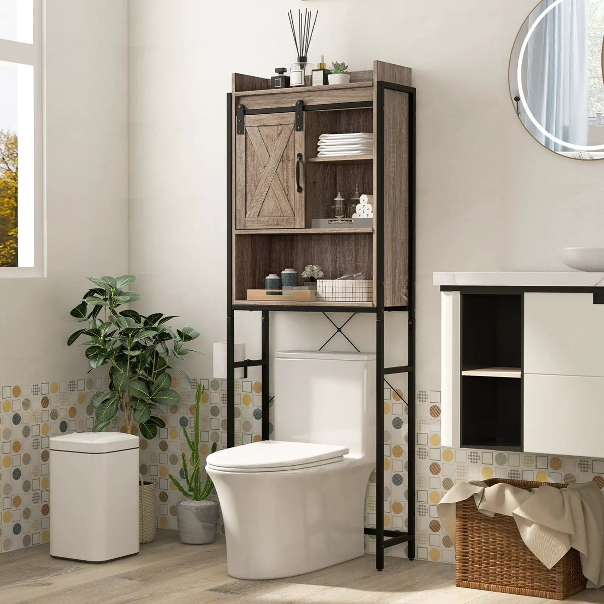 4-Tier Multifunctional Toilet Sorage Cabinet with Adjustable Shelf and Sliding Barn Door by DirectDeals