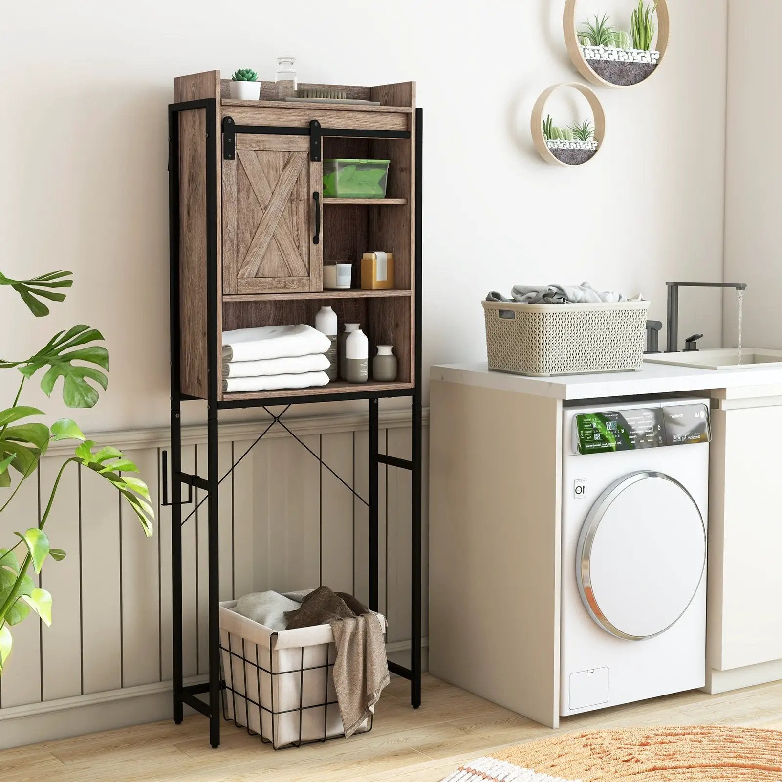 4-Tier Multifunctional Toilet Sorage Cabinet with Adjustable Shelf and Sliding Barn Door by DirectDeals