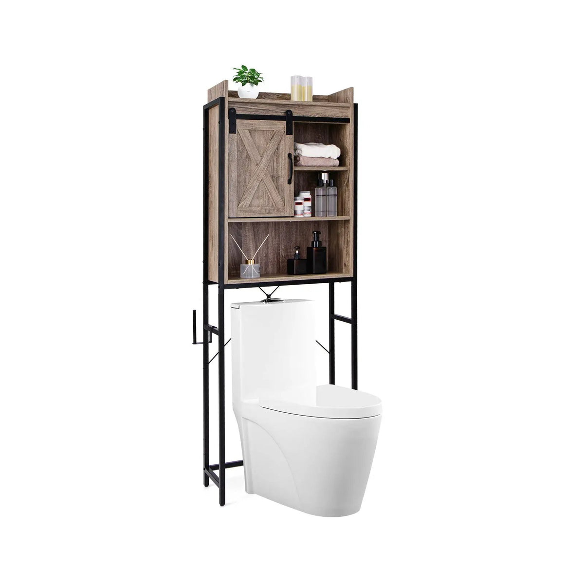 4-Tier Multifunctional Toilet Sorage Cabinet with Adjustable Shelf and Sliding Barn Door by DirectDeals