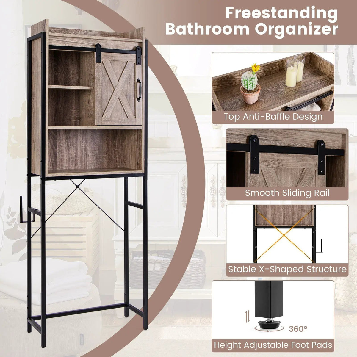 4-Tier Multifunctional Toilet Sorage Cabinet with Adjustable Shelf and Sliding Barn Door by DirectDeals