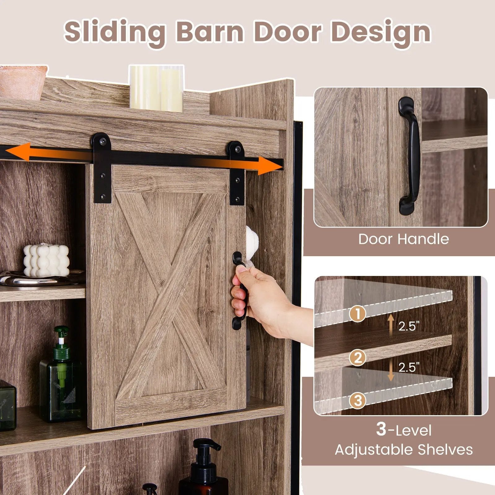 4-Tier Multifunctional Toilet Sorage Cabinet with Adjustable Shelf and Sliding Barn Door by DirectDeals