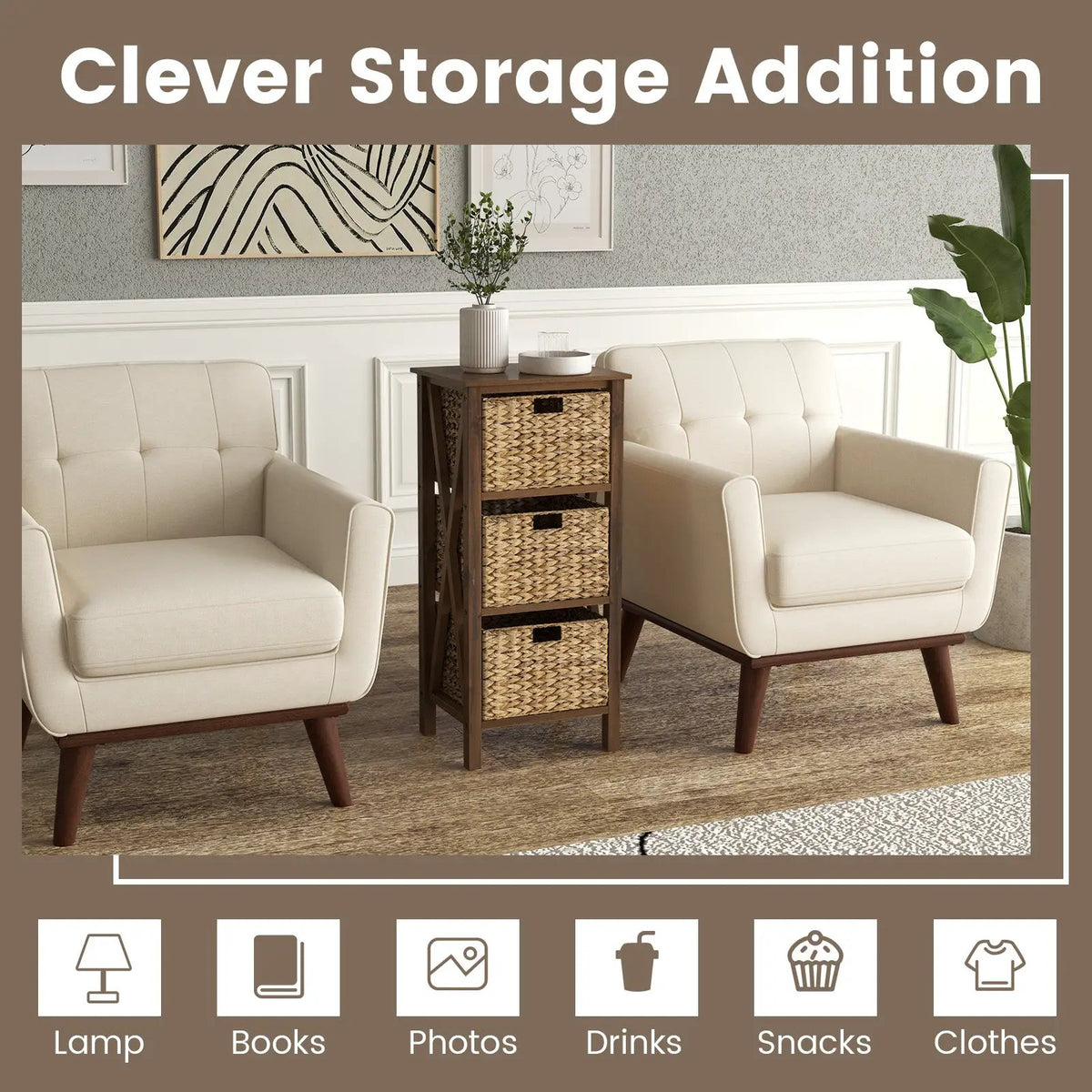 3/4-Tier Nightstand with 2 Seagrass Baskets Narrow X-Design-3 by DirectDeals