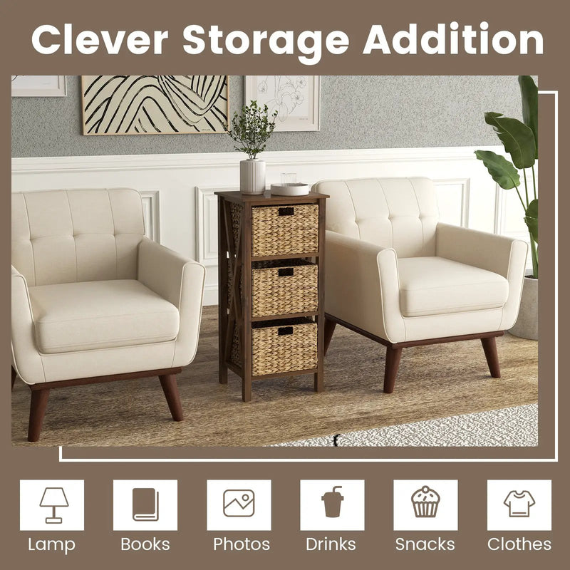 3/4-Tier Nightstand with 2 Seagrass Baskets Narrow X-Design-3 by DirectDeals