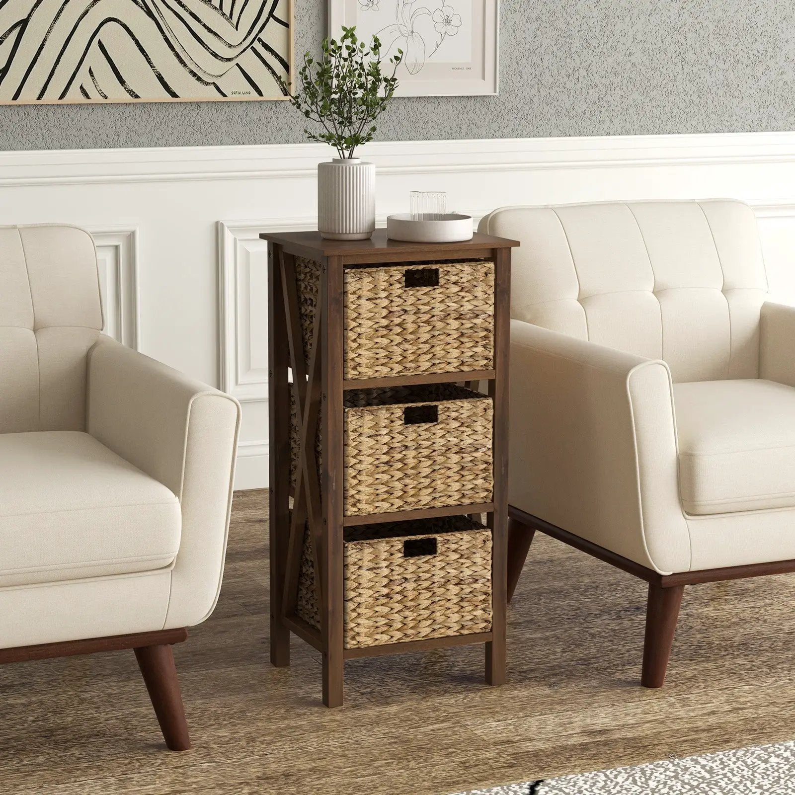 3/4-Tier Nightstand with 2 Seagrass Baskets Narrow X-Design-3 by DirectDeals