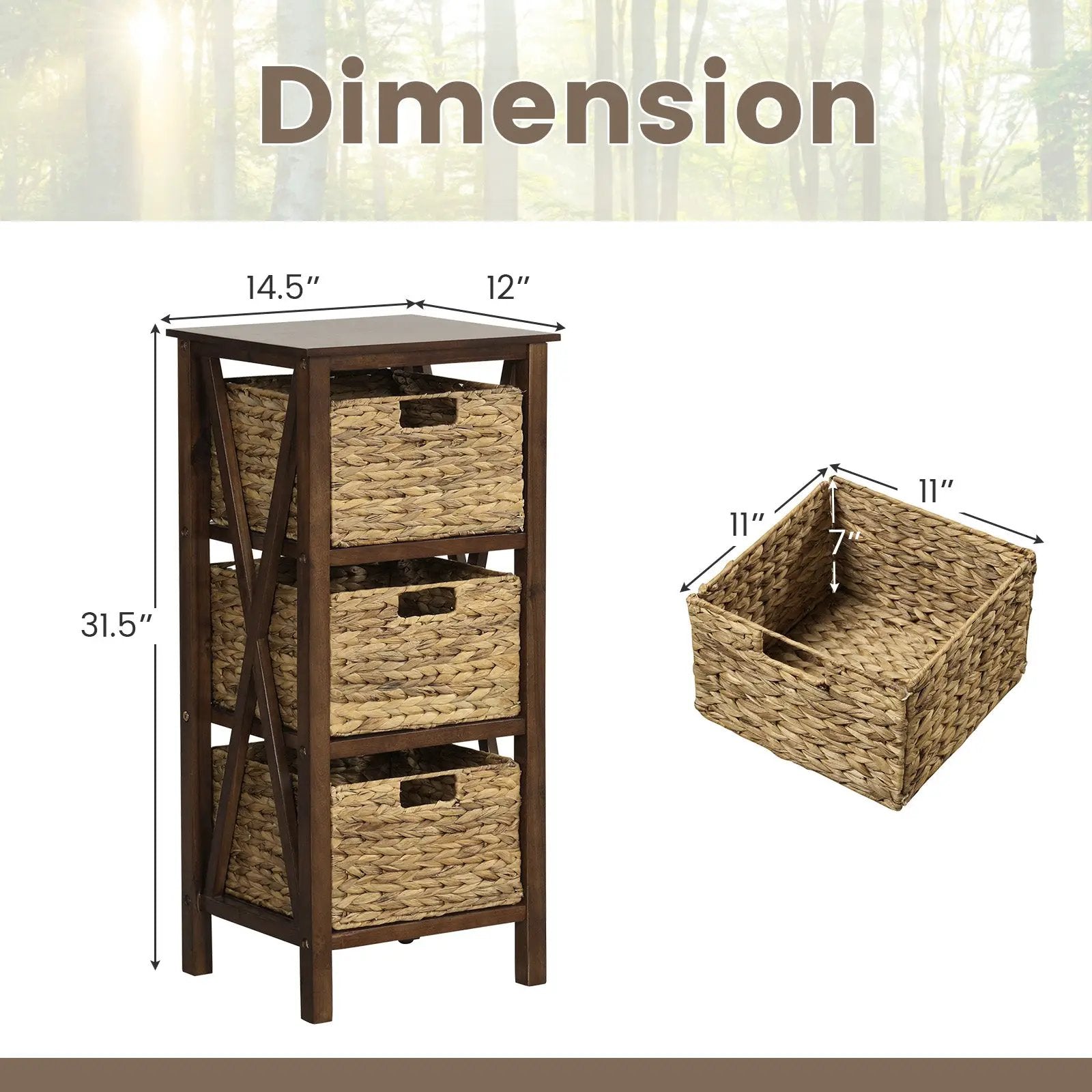 3/4-Tier Nightstand with 2 Seagrass Baskets Narrow X-Design-3 by DirectDeals