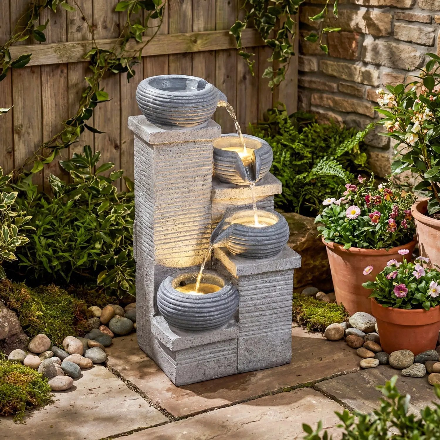 4-Tier Outdoor Water Fountain Cascading Bowl Waterfall Fountain with LED Lights by DirectDeals