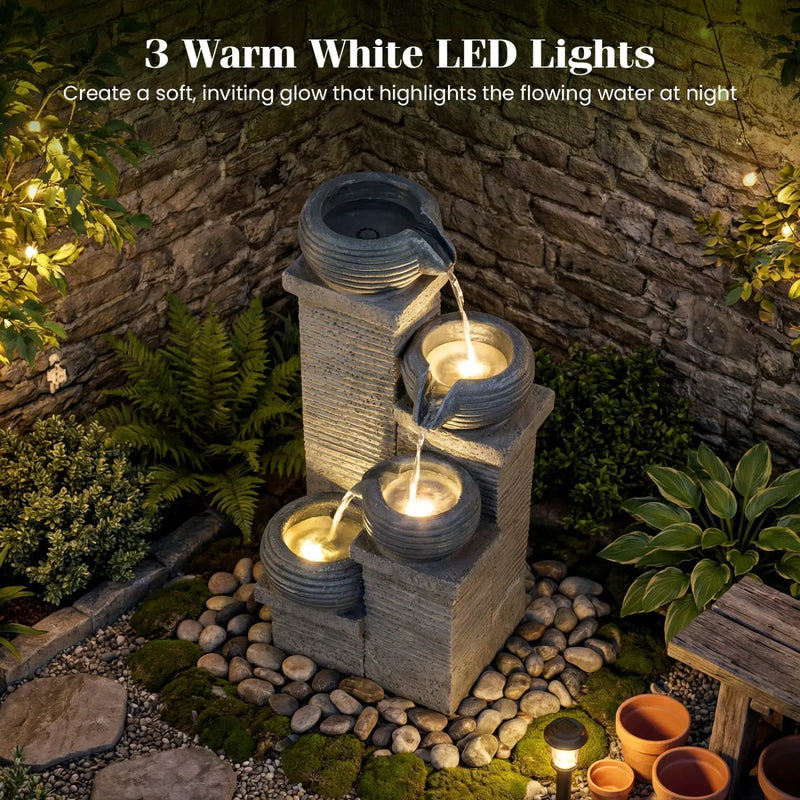 4-Tier Outdoor Water Fountain Cascading Bowl Waterfall Fountain with LED Lights by DirectDeals