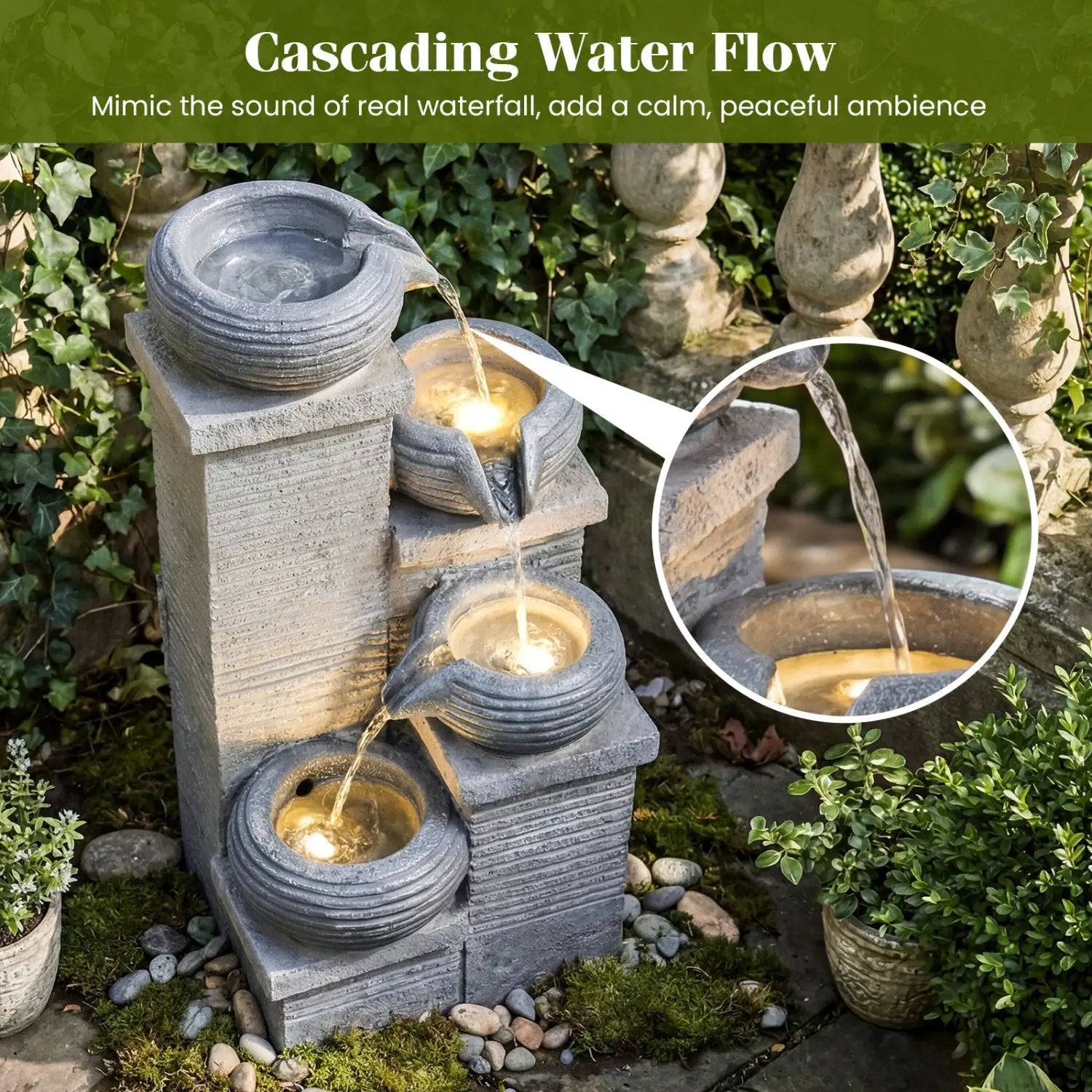 4-Tier Outdoor Water Fountain Cascading Bowl Waterfall Fountain with LED Lights by DirectDeals