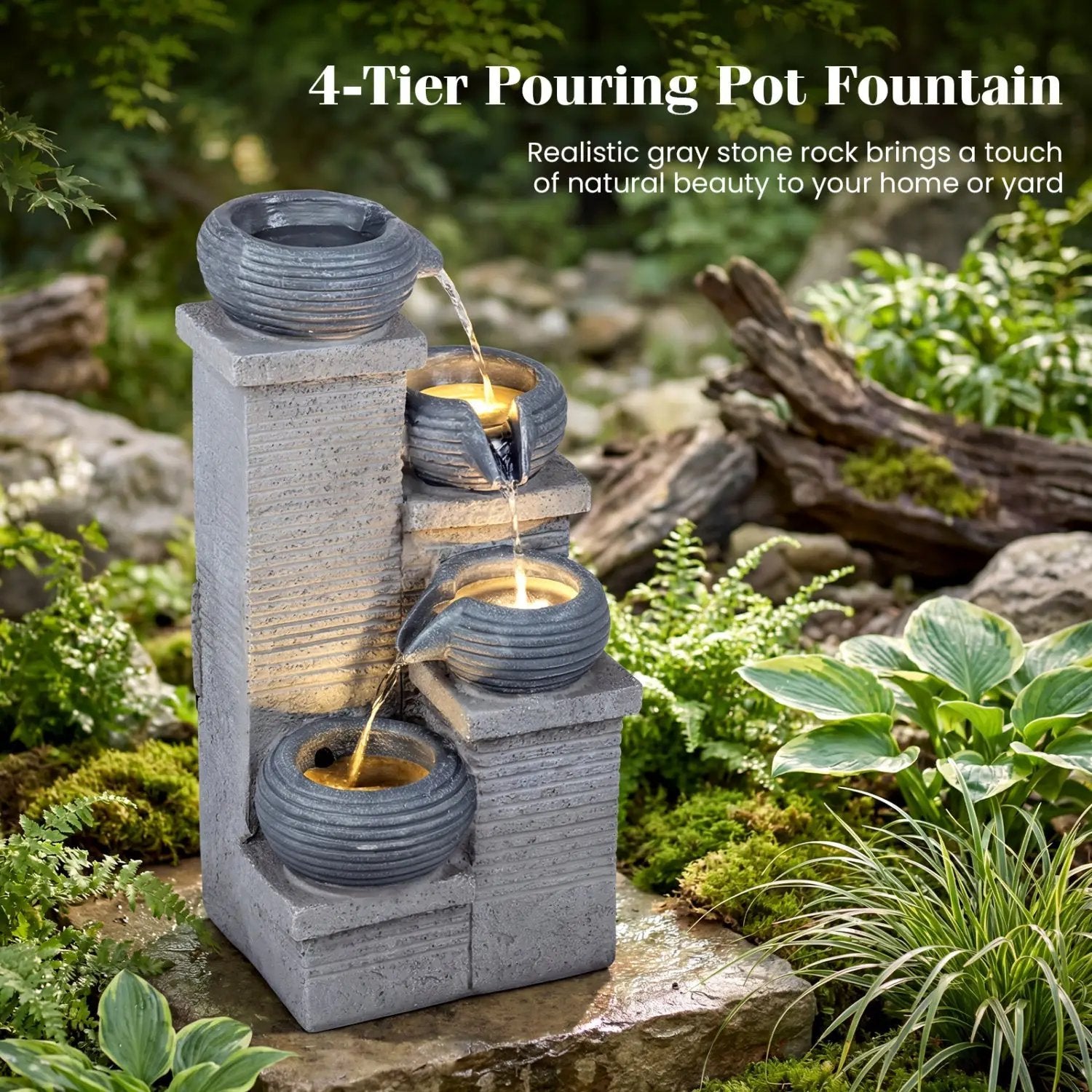 4-Tier Outdoor Water Fountain Cascading Bowl Waterfall Fountain with LED Lights by DirectDeals