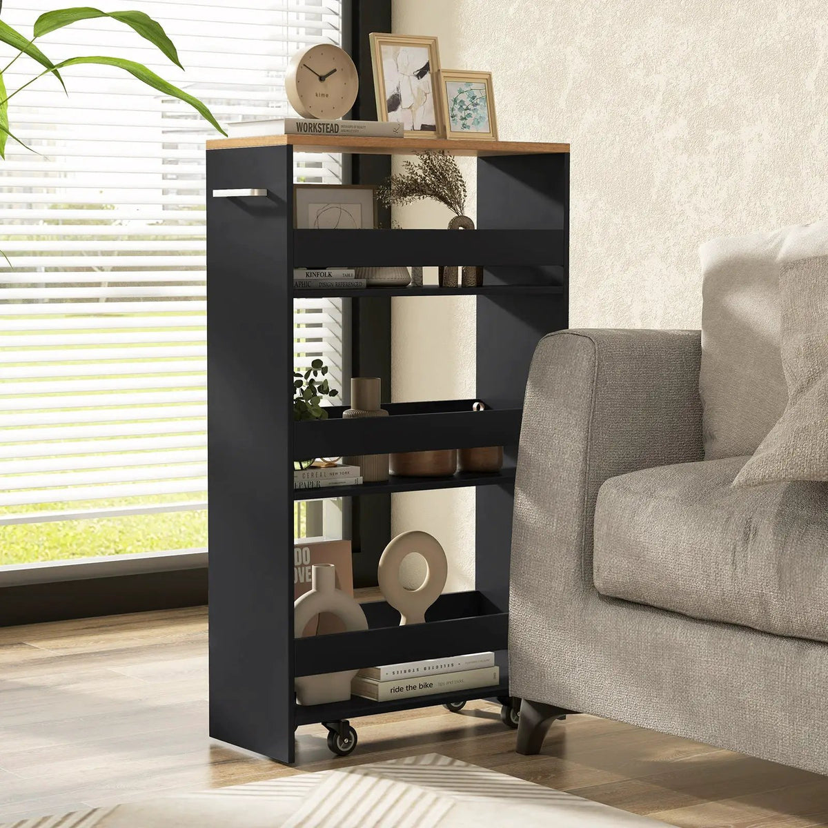 4-Tier Rolling Storage Cart Slim Kitchen Cart on Wheels with Open Shelves and Handle by DirectDeals
