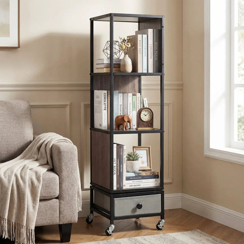 4-Tier Rotating Bookshelf on Wheels with Removable Drawer by DirectDeals