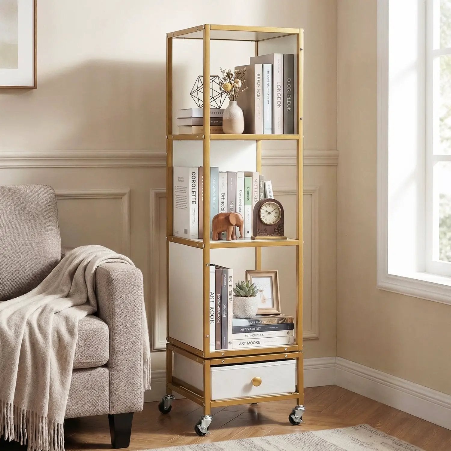 4-Tier Rotating Bookshelf on Wheels with Removable Drawer by DirectDeals
