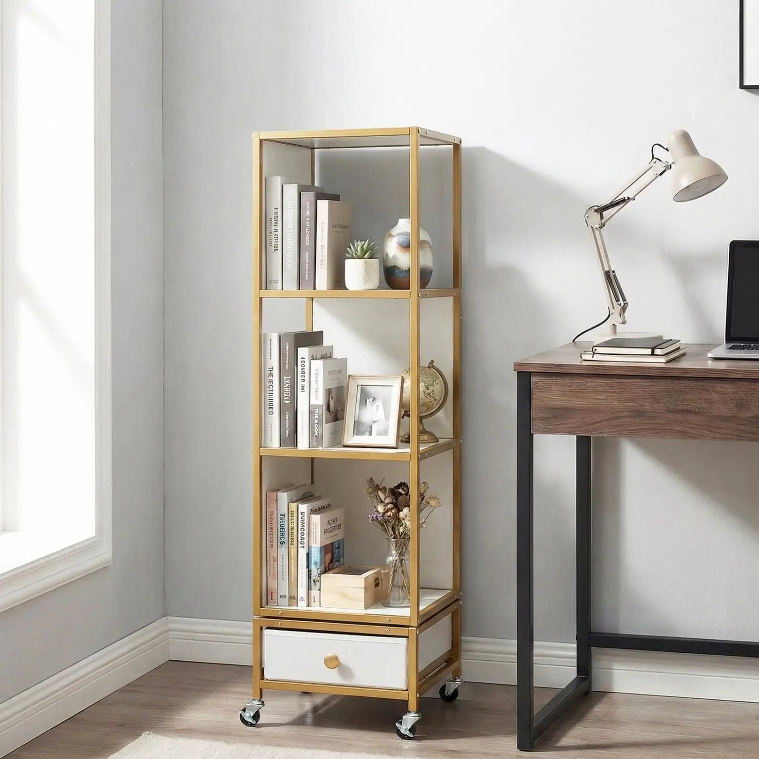 4-Tier Rotating Bookshelf on Wheels with Removable Drawer by DirectDeals