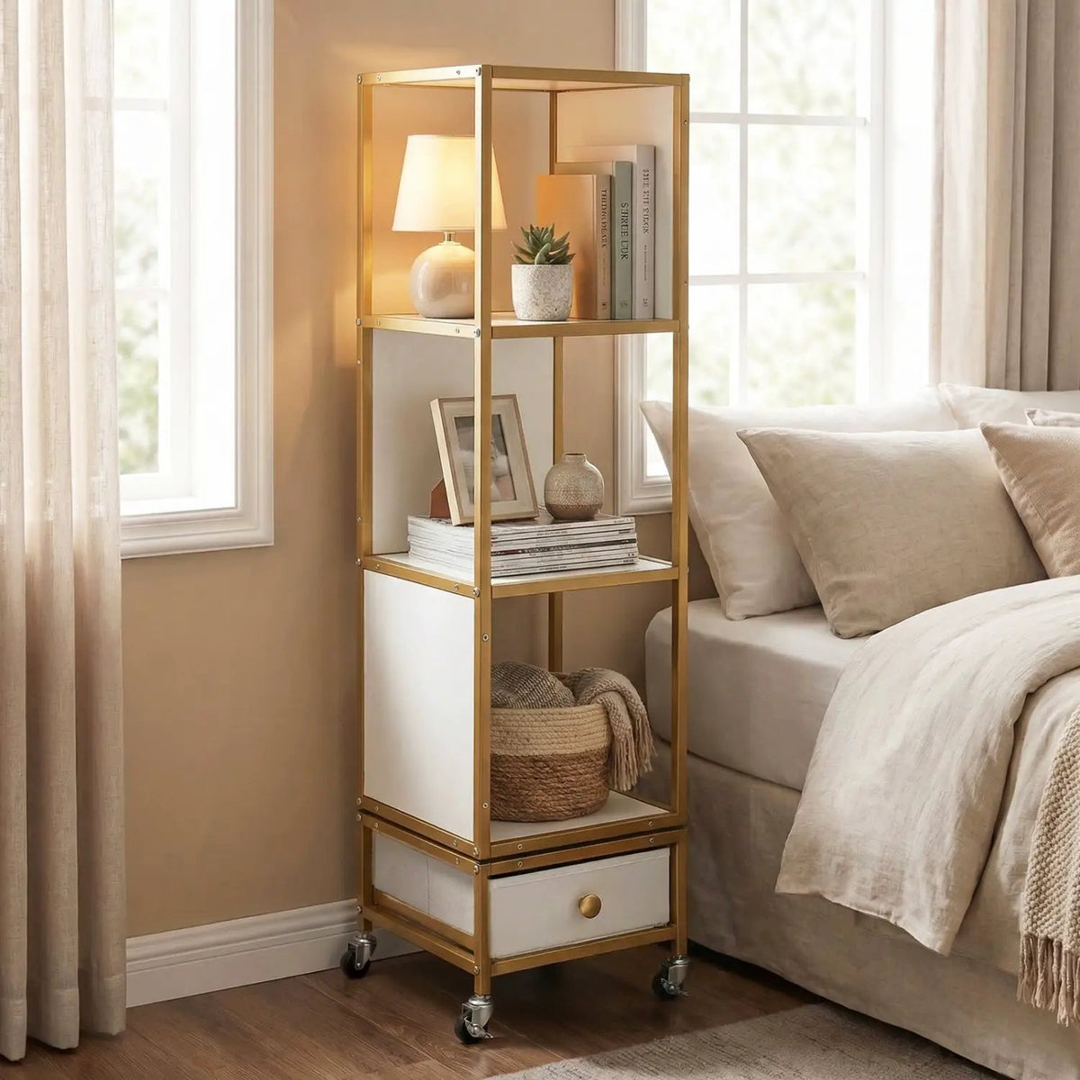 4-Tier Rotating Bookshelf on Wheels with Removable Drawer by DirectDeals