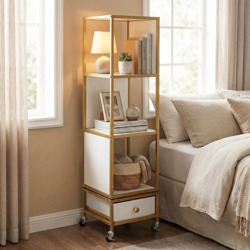 4-Tier Rotating Bookshelf on Wheels with Removable Drawer by DirectDeals