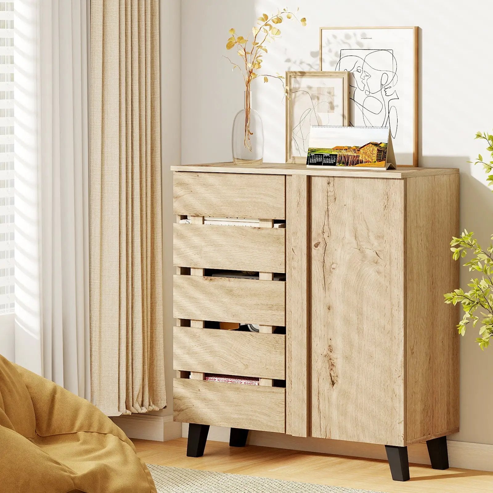 4-Tier Shoe Cabinet 2-Door Storage Organizer with Louvered Door-Natural by DirectDeals