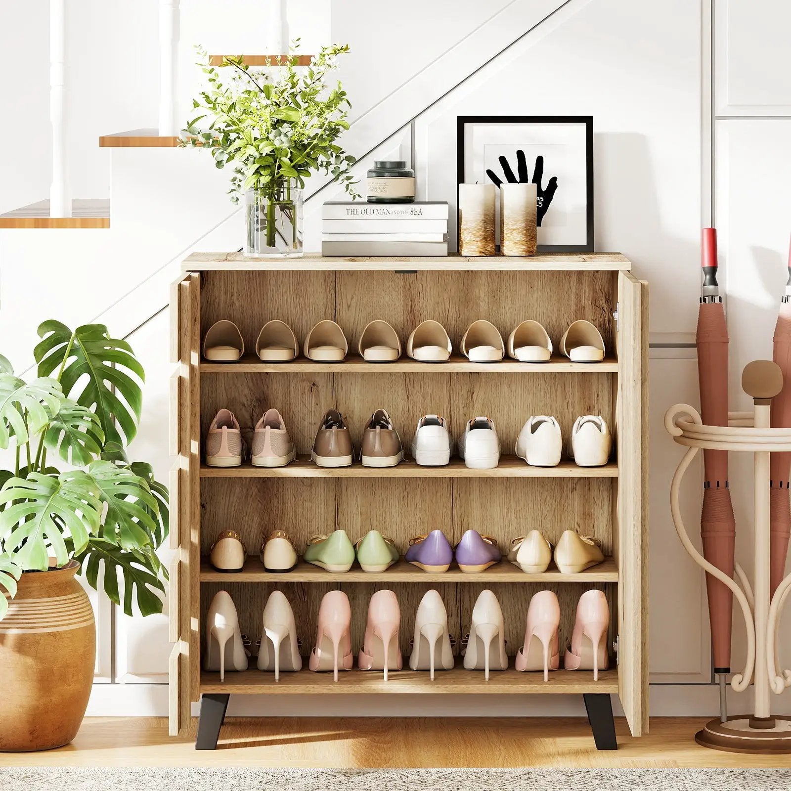 4-Tier Shoe Cabinet 2-Door Storage Organizer with Louvered Door-Natural by DirectDeals