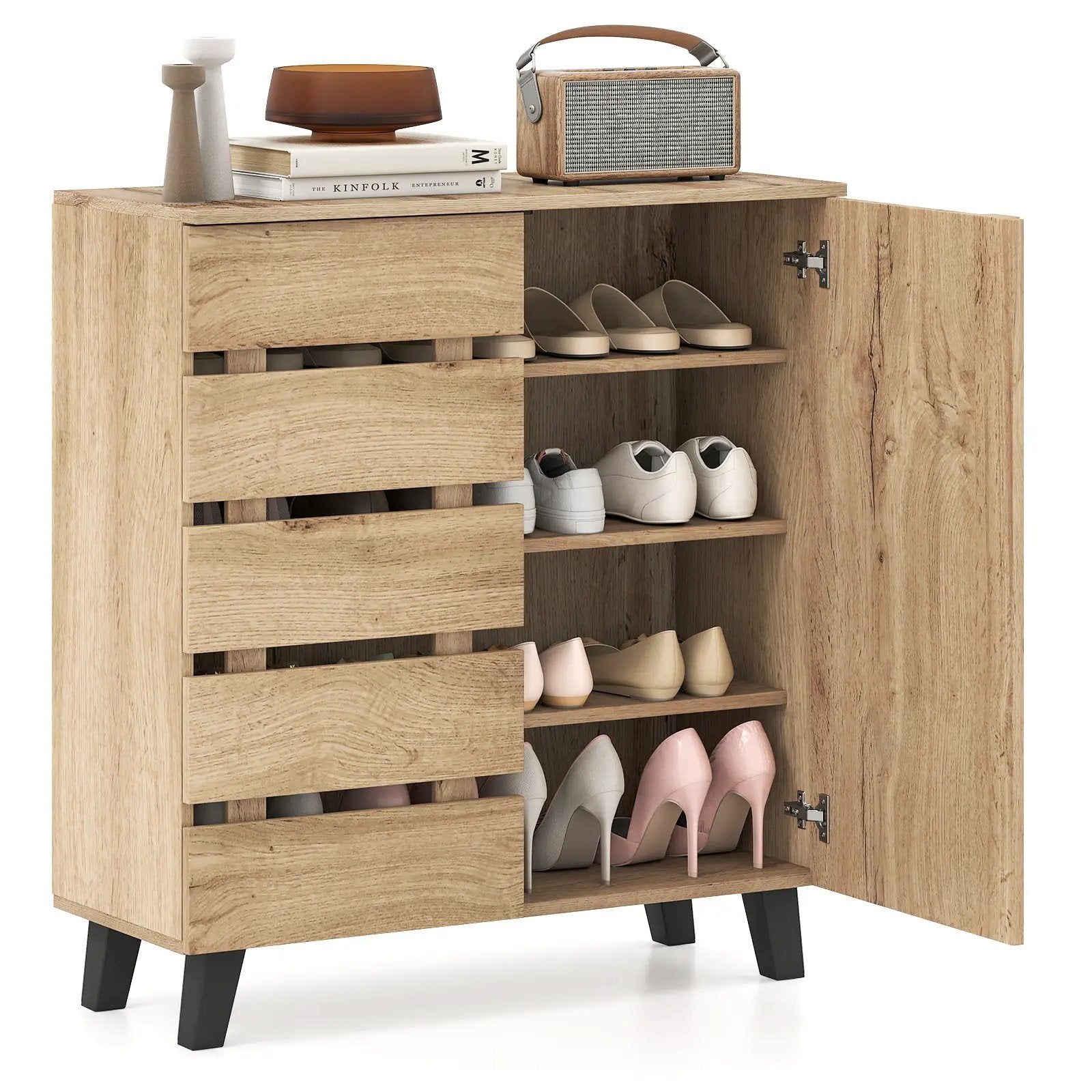 4-Tier Shoe Cabinet 2-Door Storage Organizer with Louvered Door-Natural by DirectDeals