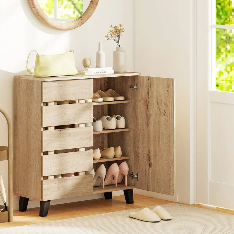 4-Tier Shoe Cabinet 2-Door Storage Organizer with Louvered Door-Natural by DirectDeals