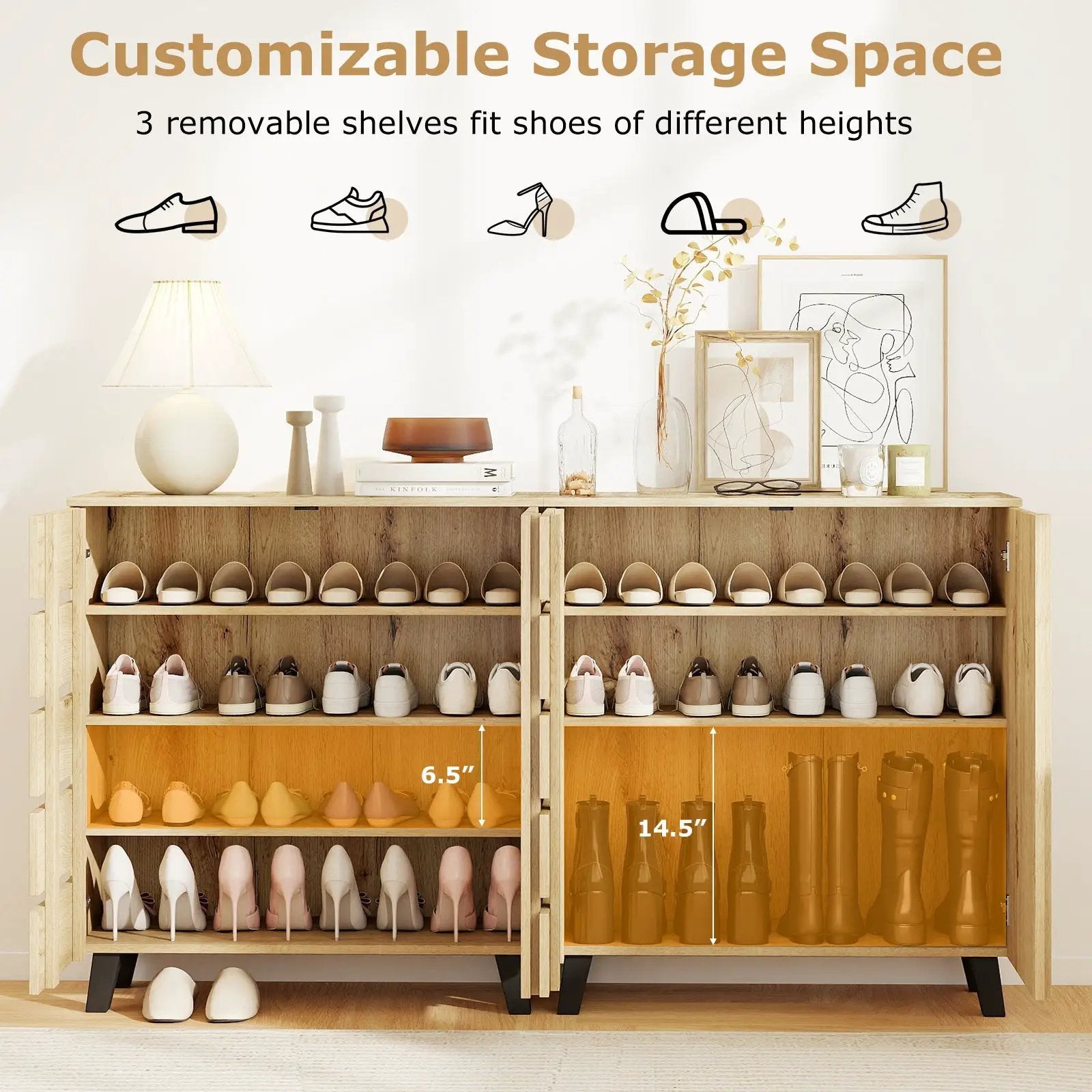 4-Tier Shoe Cabinet 2-Door Storage Organizer with Louvered Door-Natural by DirectDeals