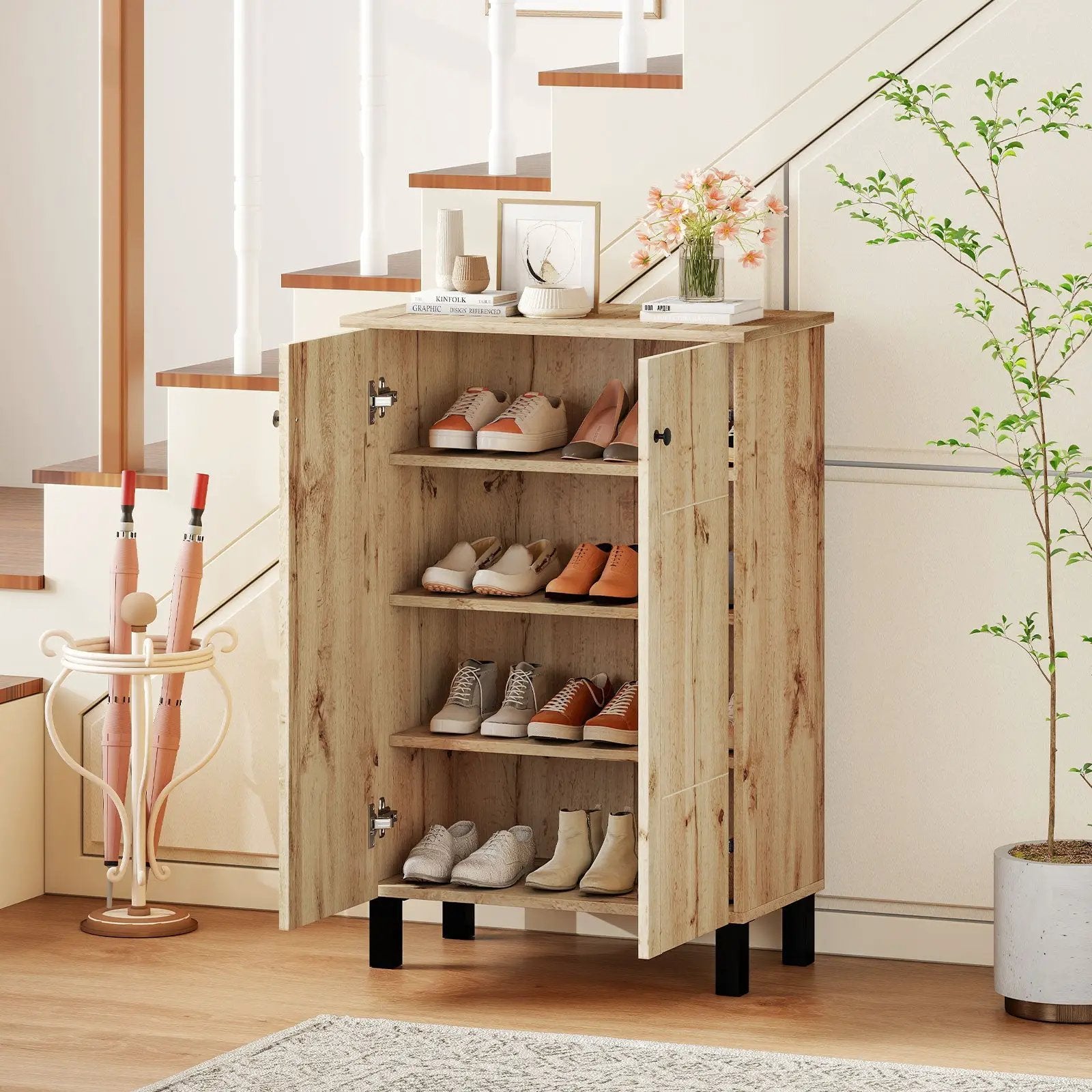 4-Tier Shoe Organizer with Removable Shelves and 2 Doors-Natural by DirectDeals