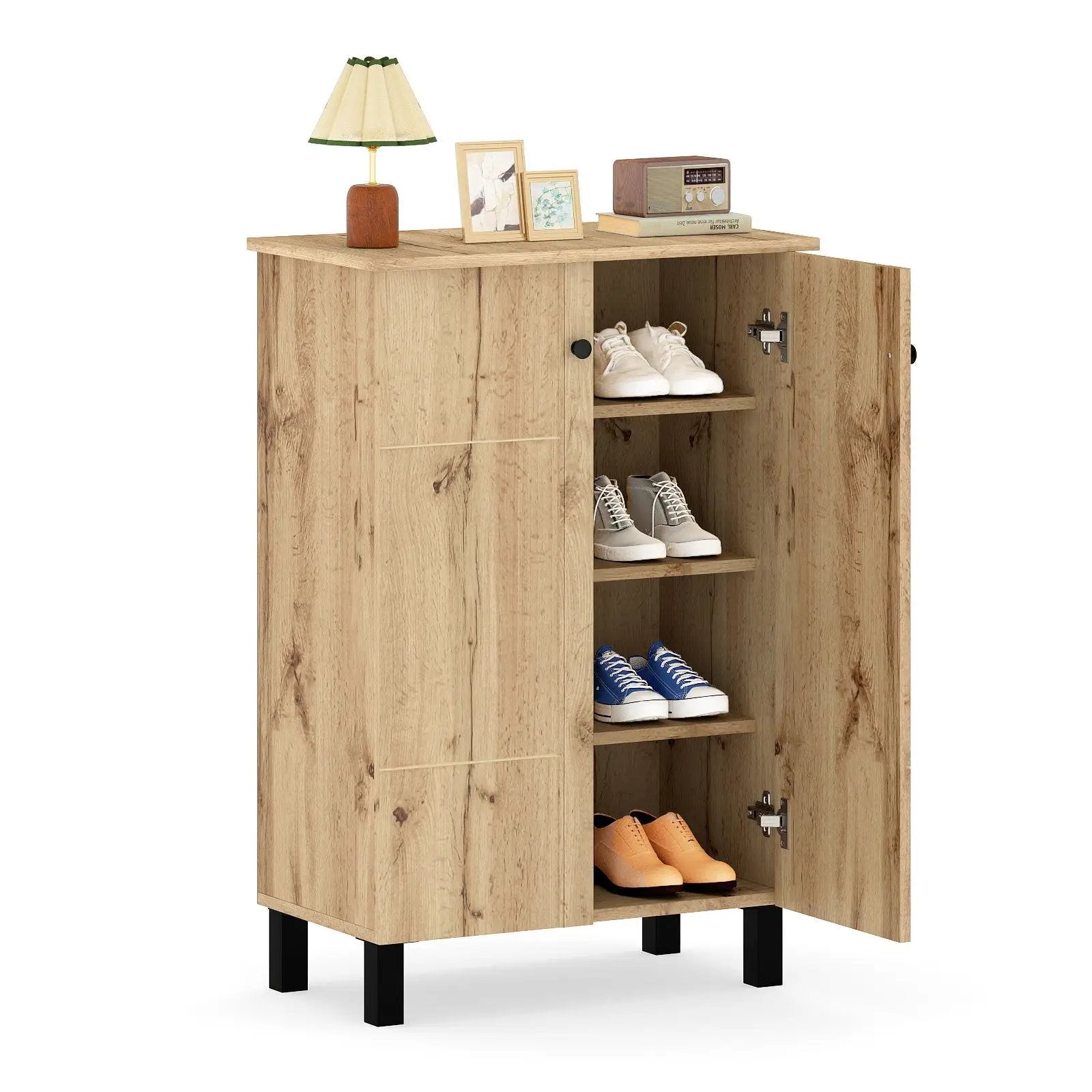 4-Tier Shoe Organizer with Removable Shelves and 2 Doors-Natural by DirectDeals