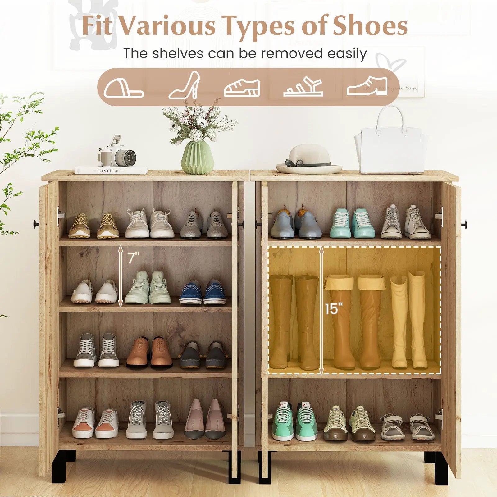 4-Tier Shoe Organizer with Removable Shelves and 2 Doors-Natural by DirectDeals