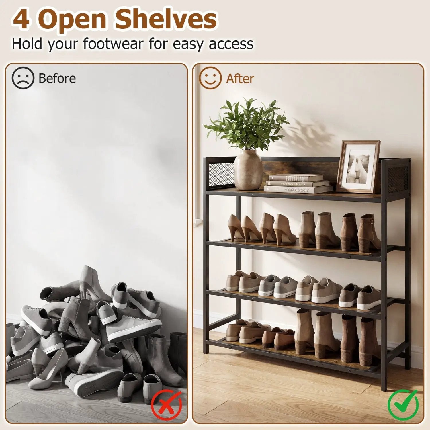 4-Tier Shoe Rack Industrial Shoe Organizer with Heavy Duty Metal Frame by DirectDeals