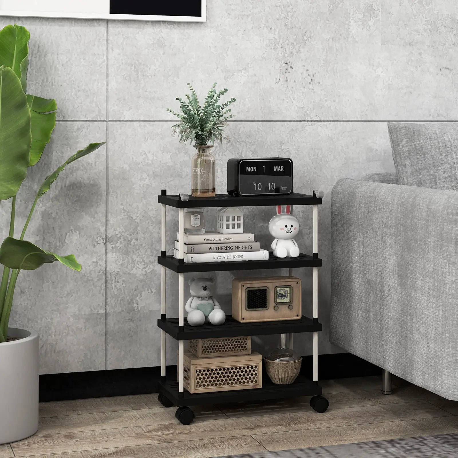 4-Tier Kitchen Slim Storage Cart with Lockable Wheels-Black by DirectDeals