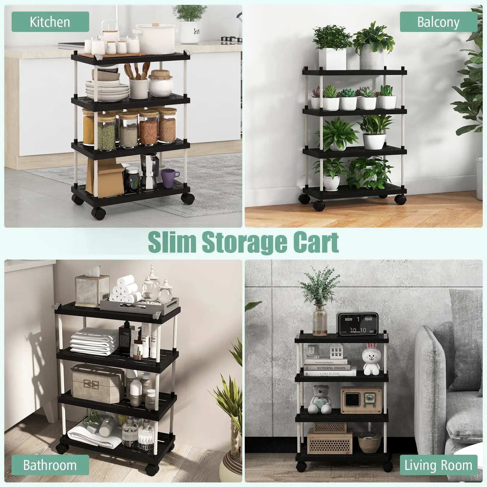 4-Tier Kitchen Slim Storage Cart with Lockable Wheels-Black by DirectDeals