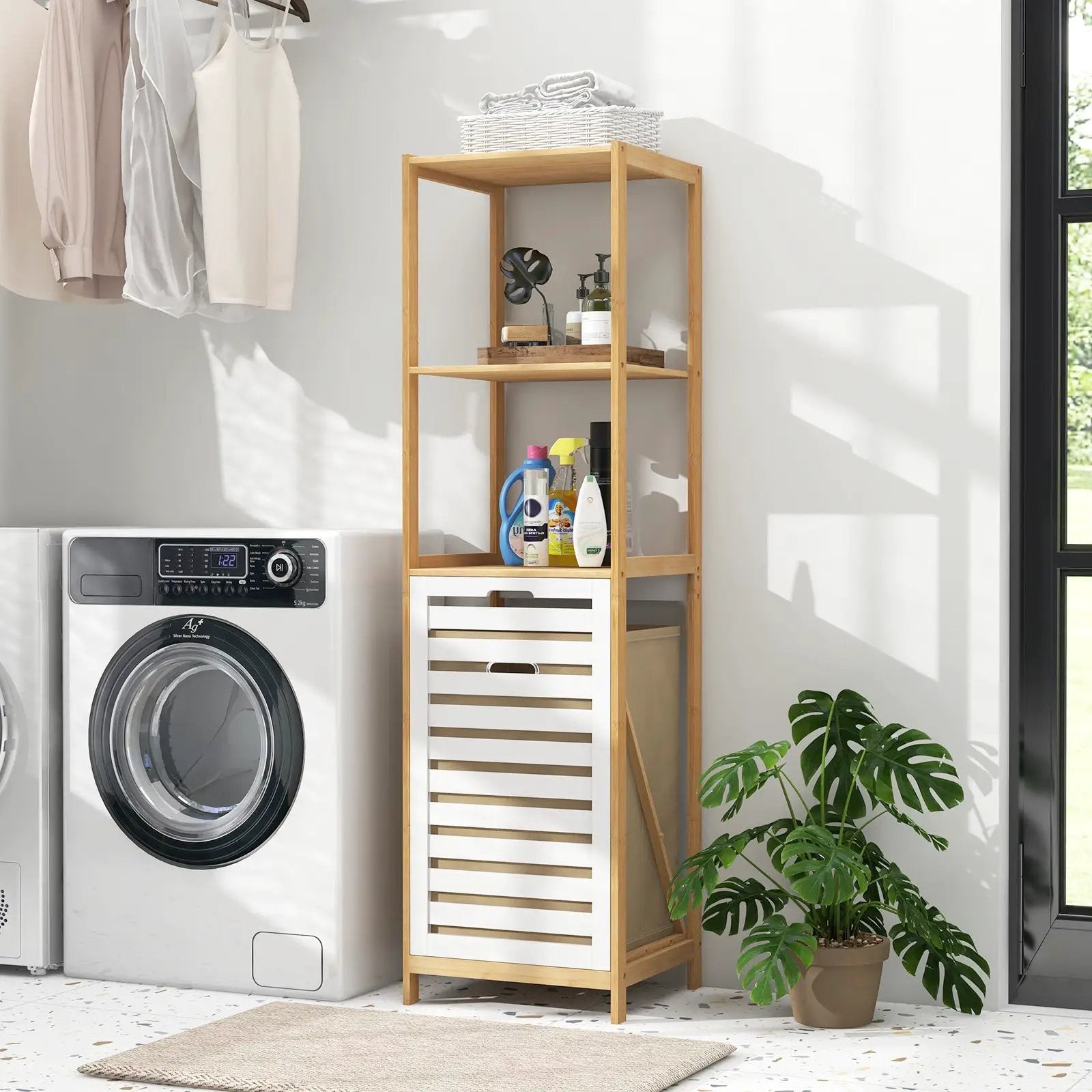 3-Tier Tilt-Out Laundry Hamper with Storage Shelves for Laundry Room-Natural and White by DirectDeals