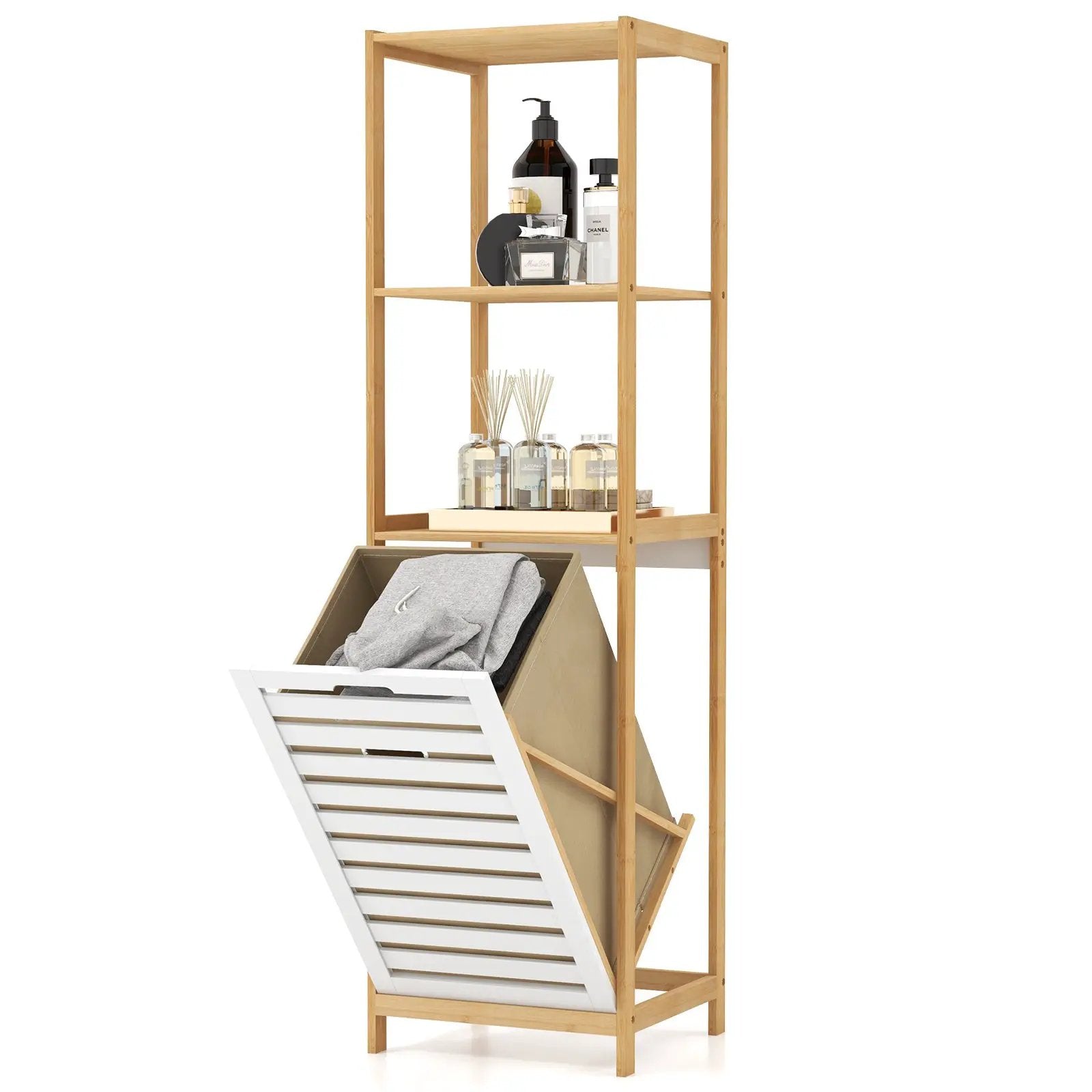 3-Tier Tilt-Out Laundry Hamper with Storage Shelves for Laundry Room-Natural and White by DirectDeals