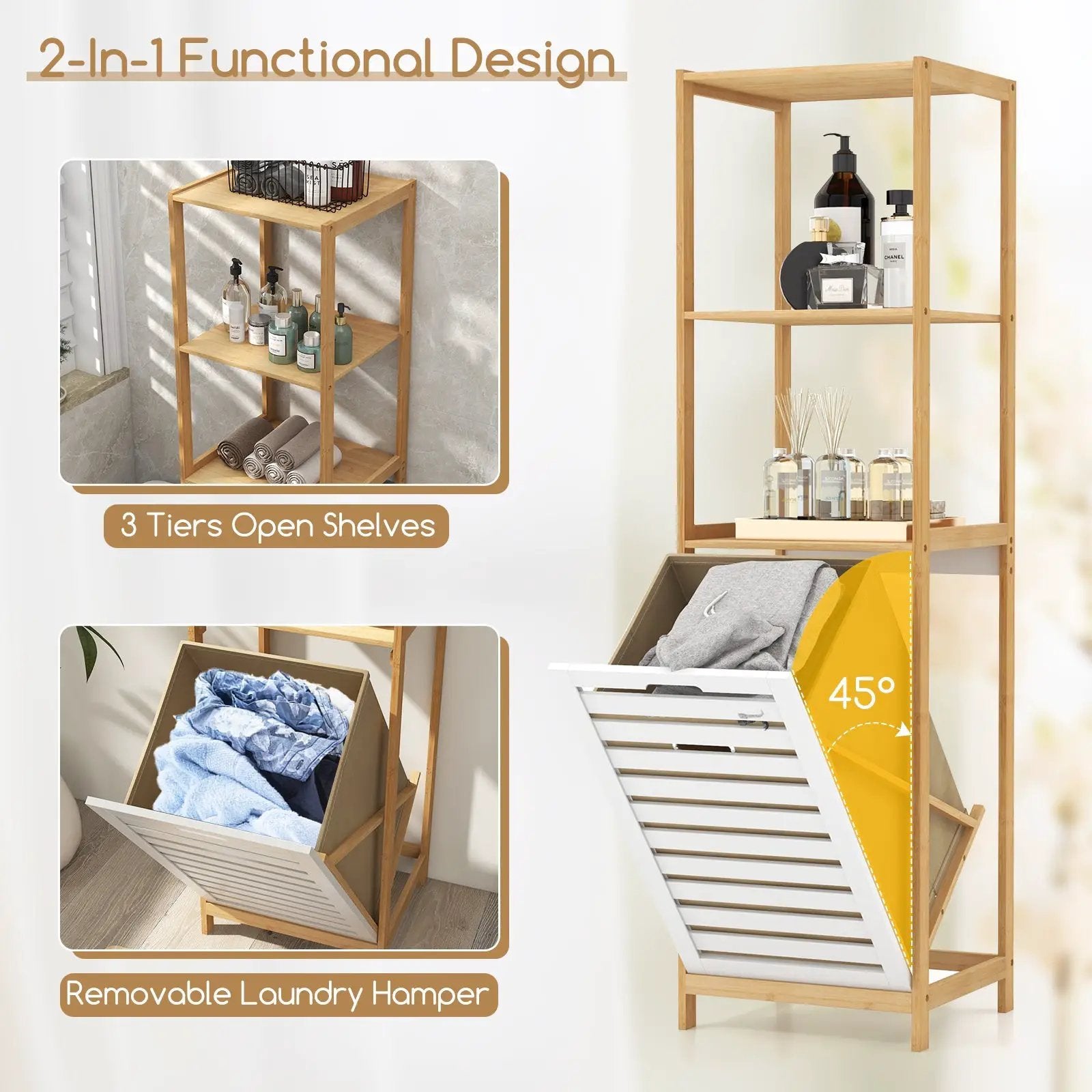 3-Tier Tilt-Out Laundry Hamper with Storage Shelves for Laundry Room-Natural and White by DirectDeals
