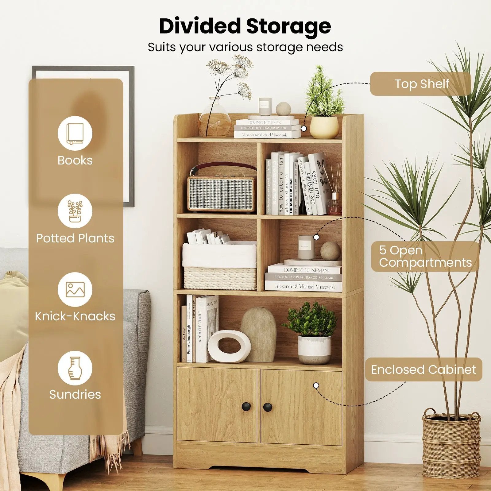 4 Tiers Bookshelf with 4 Cubes Display Shelf and 2 Doors by DirectDeals