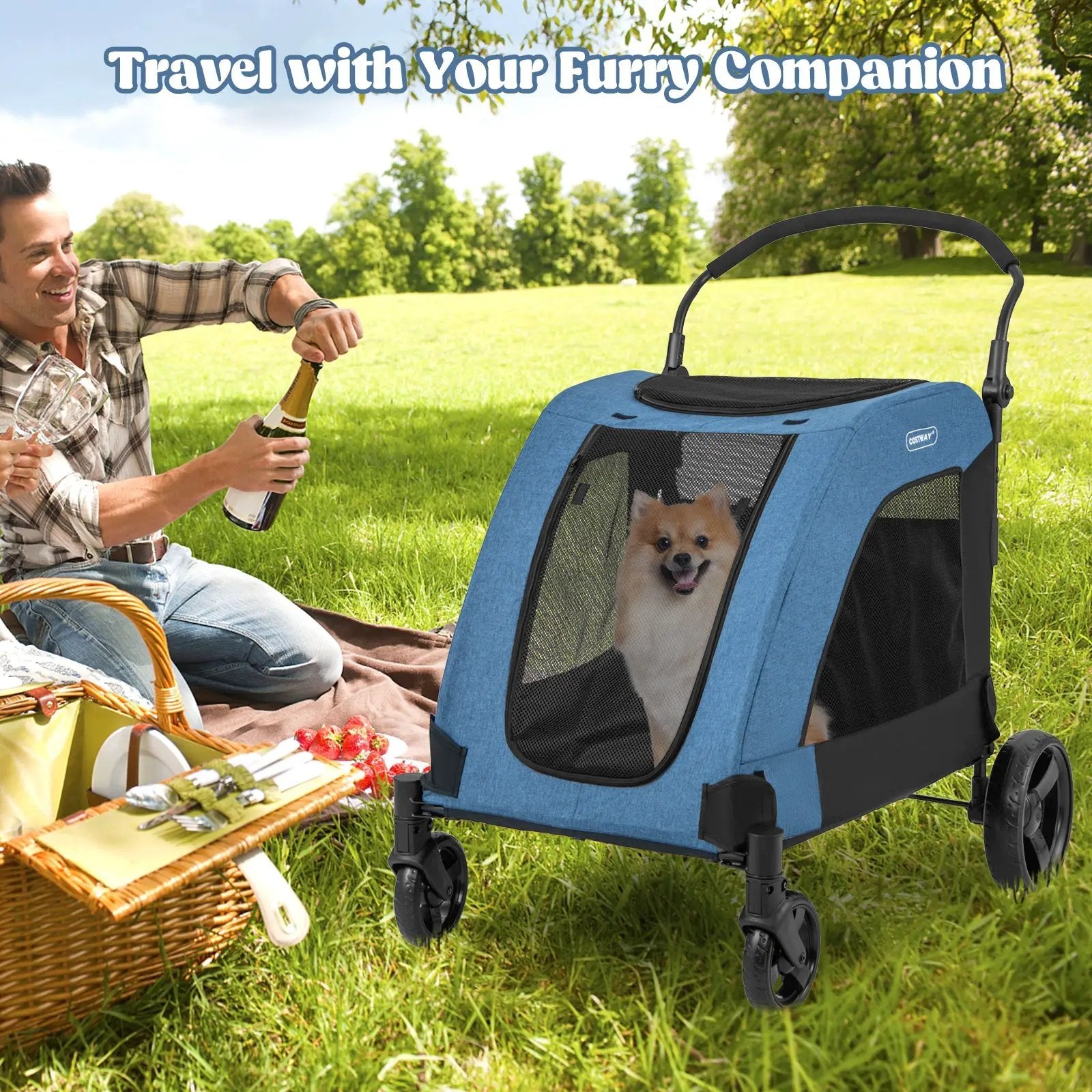 4 Wheels Extra Large Dog Stroller Foldable Pet Stroller with Dual Entry by DirectDeals