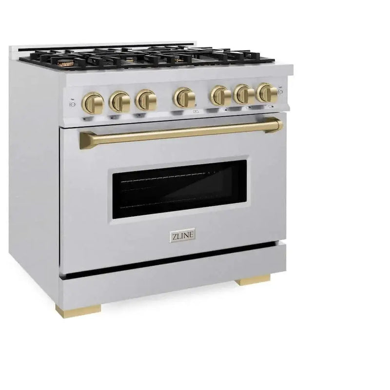 ZLINE 36" Dual Fuel Range, Gas Cooktop, Electric Convection Oven DuraSnow® Stainless Steel, Champagne Bronze CDRSZ-36-CB by Farmhouse Kitchen and Bath