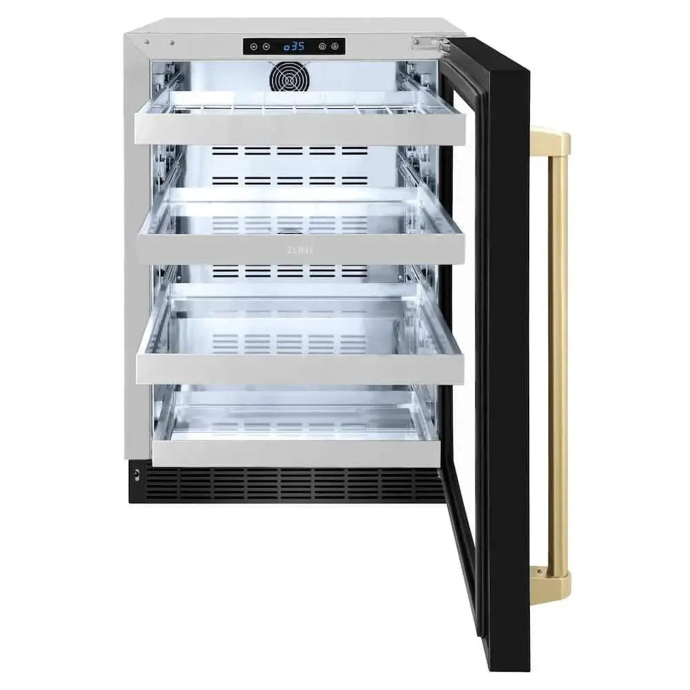 ZLINE 24" Touchstone 151 Can Beverage Fridge Black Stainless Steel Glass Door Champagne Bronze Handle RBSOZ-BS-24-CB by Farmhouse Kitchen and Bath