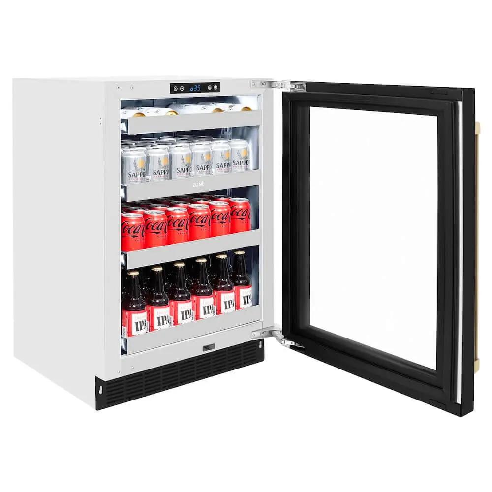 ZLINE 24" Touchstone 151 Can Beverage Fridge Black Matte Glass Door Champagne Bronze Handle RBSOZ-BLM-24-CB by Farmhouse Kitchen and Bath