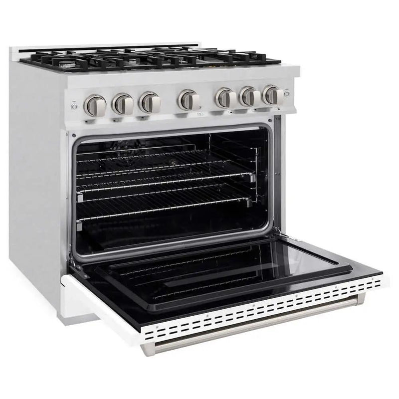 ZLINE 36" Dual Fuel Range, Gas Cooktop, Electric Convection Oven DuraSnow® Stainless Steel, White Matte Door CDRS-WM-36 by Farmhouse Kitchen and Bath