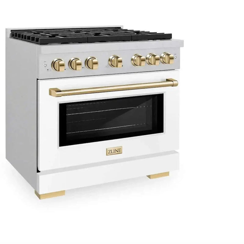ZLINE 36"Gas Range, Convection Gas Oven, DuraSnow® White Matte, Gold SGRSZ-WM-36-G by Farmhouse Kitchen and Bath
