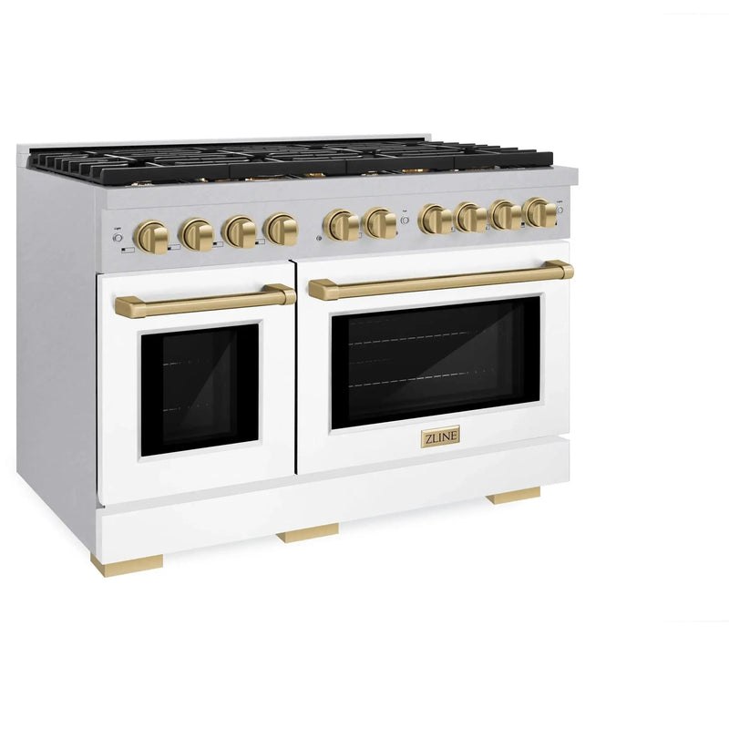 ZLINE 48"Paramount Dual Fuel Range DuraSnow® White Matte, Champagne Bronze SDRSZ-WM-48-CB by Farmhouse Kitchen and Bath