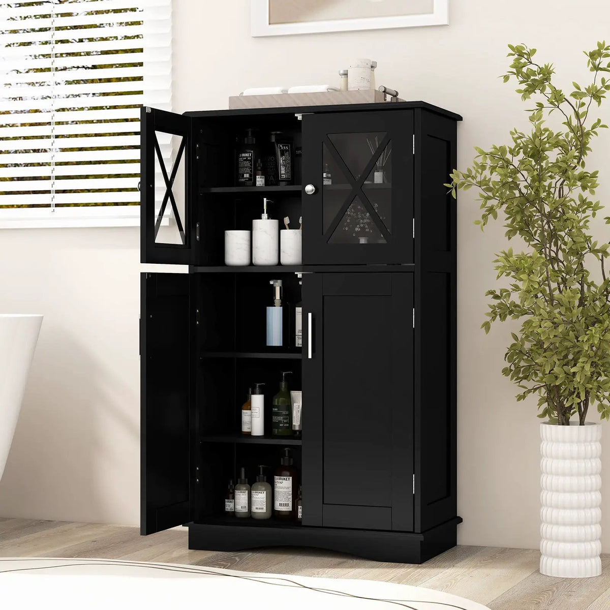 4 Doors Freeestanding Bathroom Floor Cabinet with Adjustable Shelves by DirectDeals