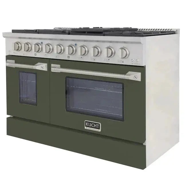 Kucht 48" Propane Range in Stainless Steel, Olive Green Doors, KNG481/LP-OG by Farmhouse Kitchen and Bath