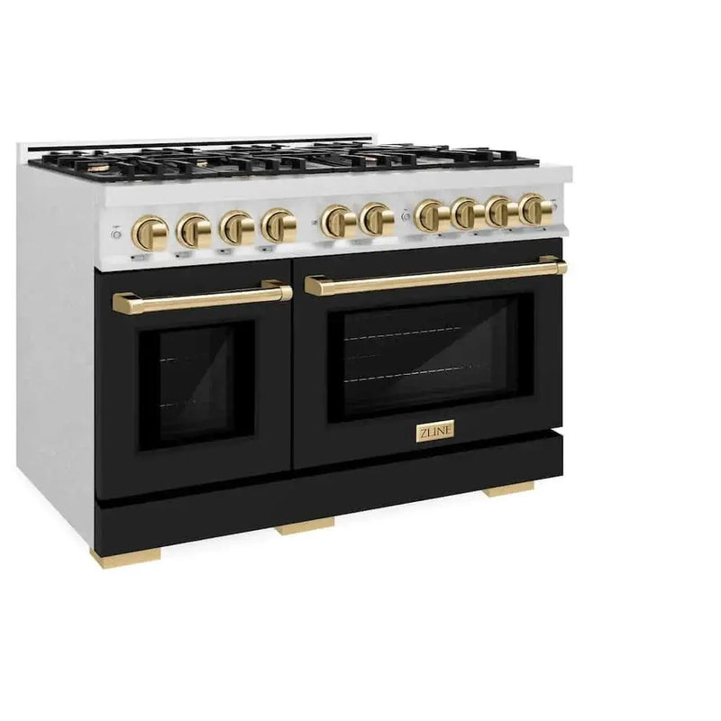 ZLINE 48" Select Gas Range Convection Gas Oven DuraSnow® Stainless Steel Black Matte Door Gold HGRSZ-BLM-48-G by Farmhouse Kitchen and Bath