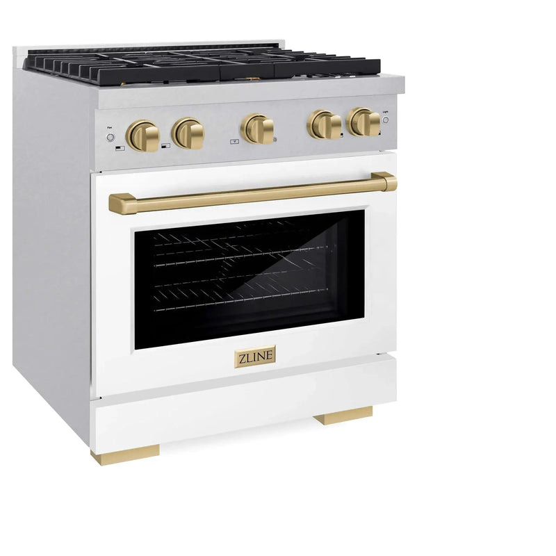 ZLINE 30"Paramount Dual Fuel Range DuraSnow® White Matte, Champagne Bronze SDRSZ-WM-30-CB by Farmhouse Kitchen and Bath