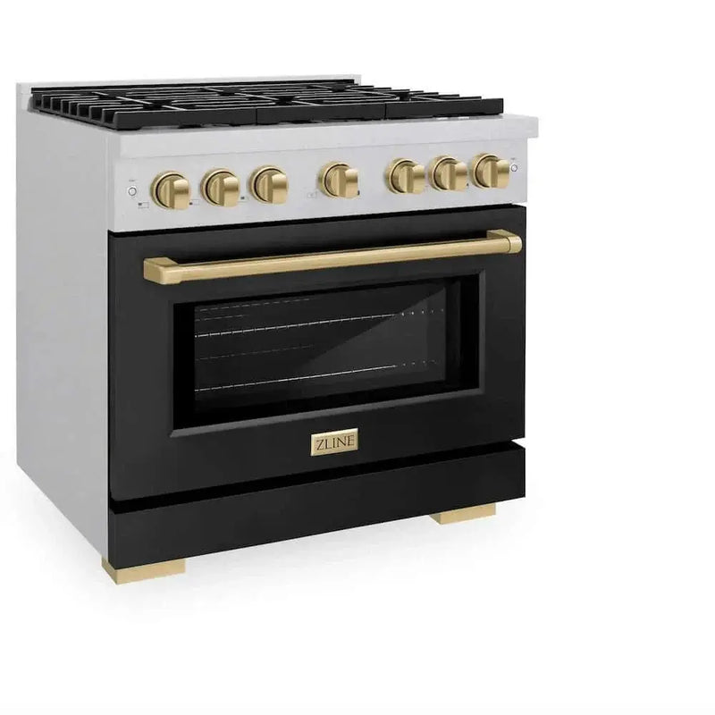 ZLINE 36"Gas Range, Convection Gas Oven, DuraSnow® Black Matte, Champagne Bronze SGRSZ-BLM-36-CB by Farmhouse Kitchen and Bath